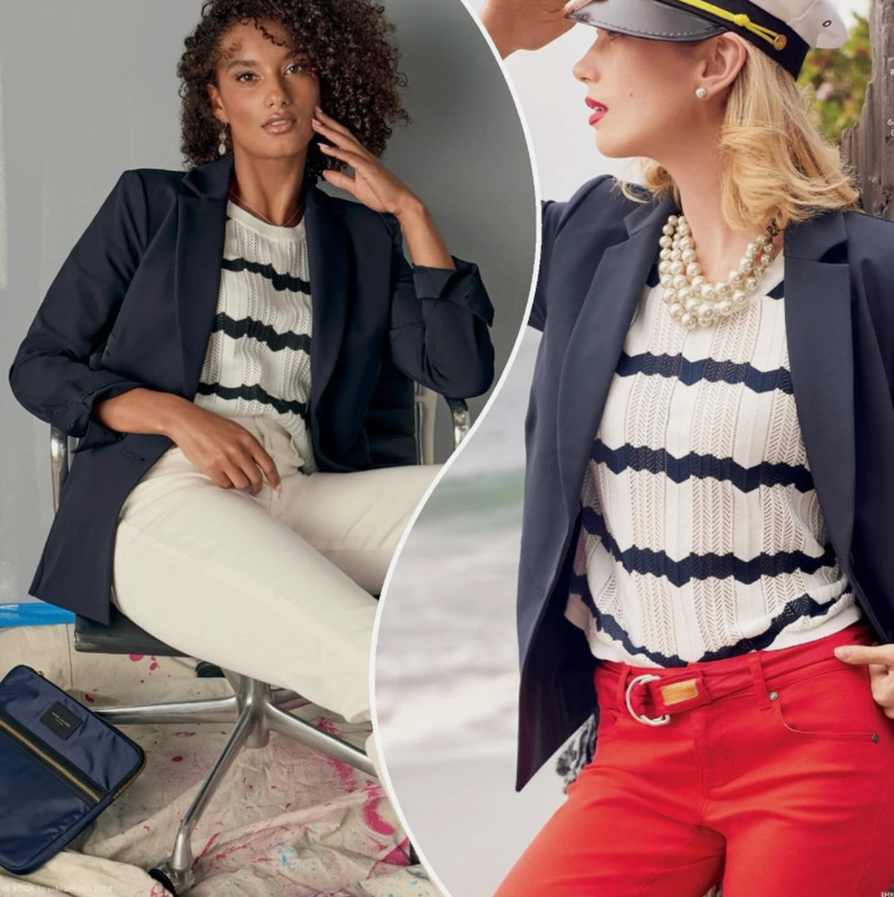 Cabi Nautical Sweater Tee #6455 White Navy Zig Zag Stripe Size Small